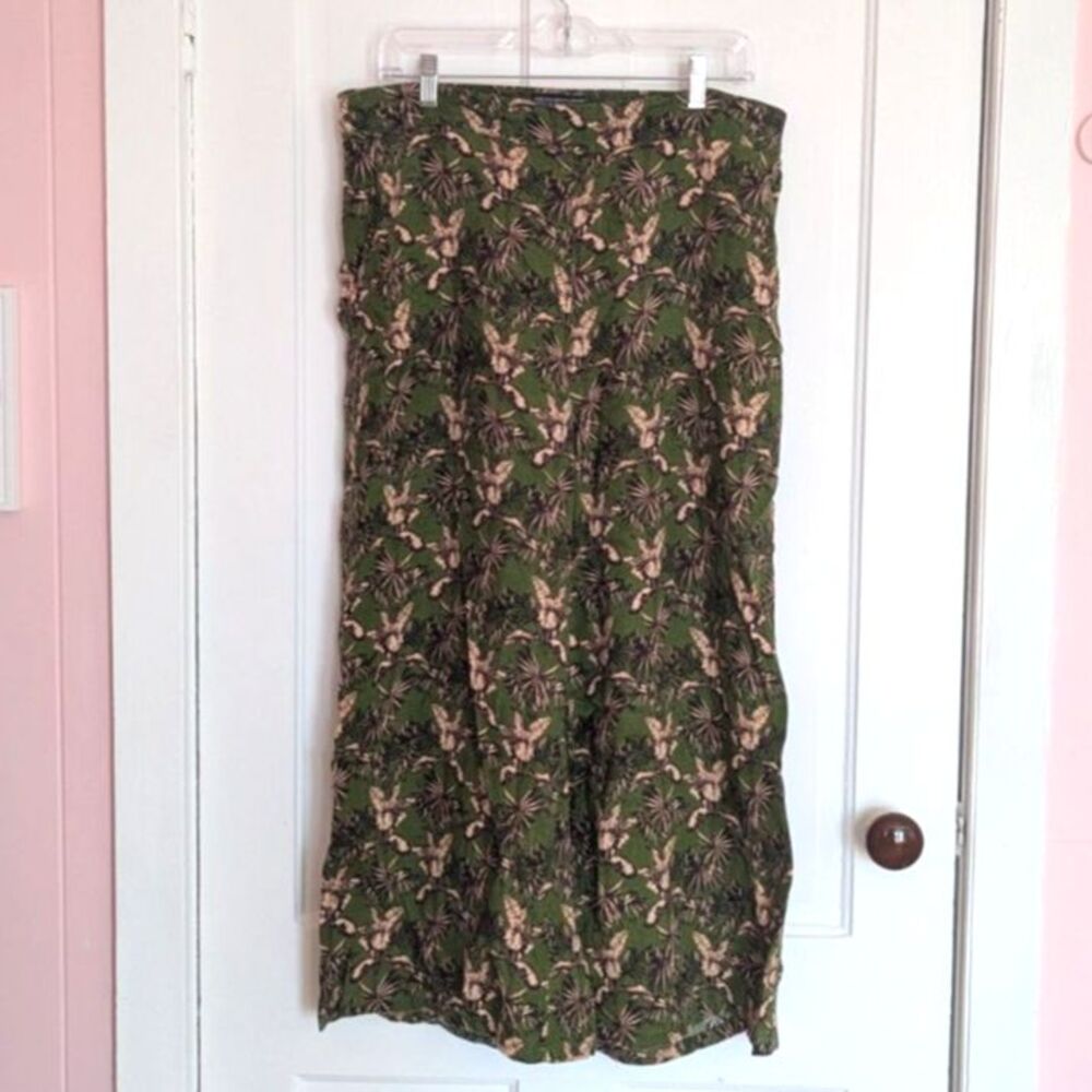 Tahari Womens 100% Linen Wide Leg Crop Pants Green Tropical Palm Print XL